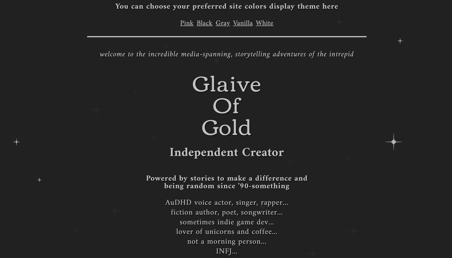 A screenshot of GlaiveOfGold's Carrd site with a gray display theme.
