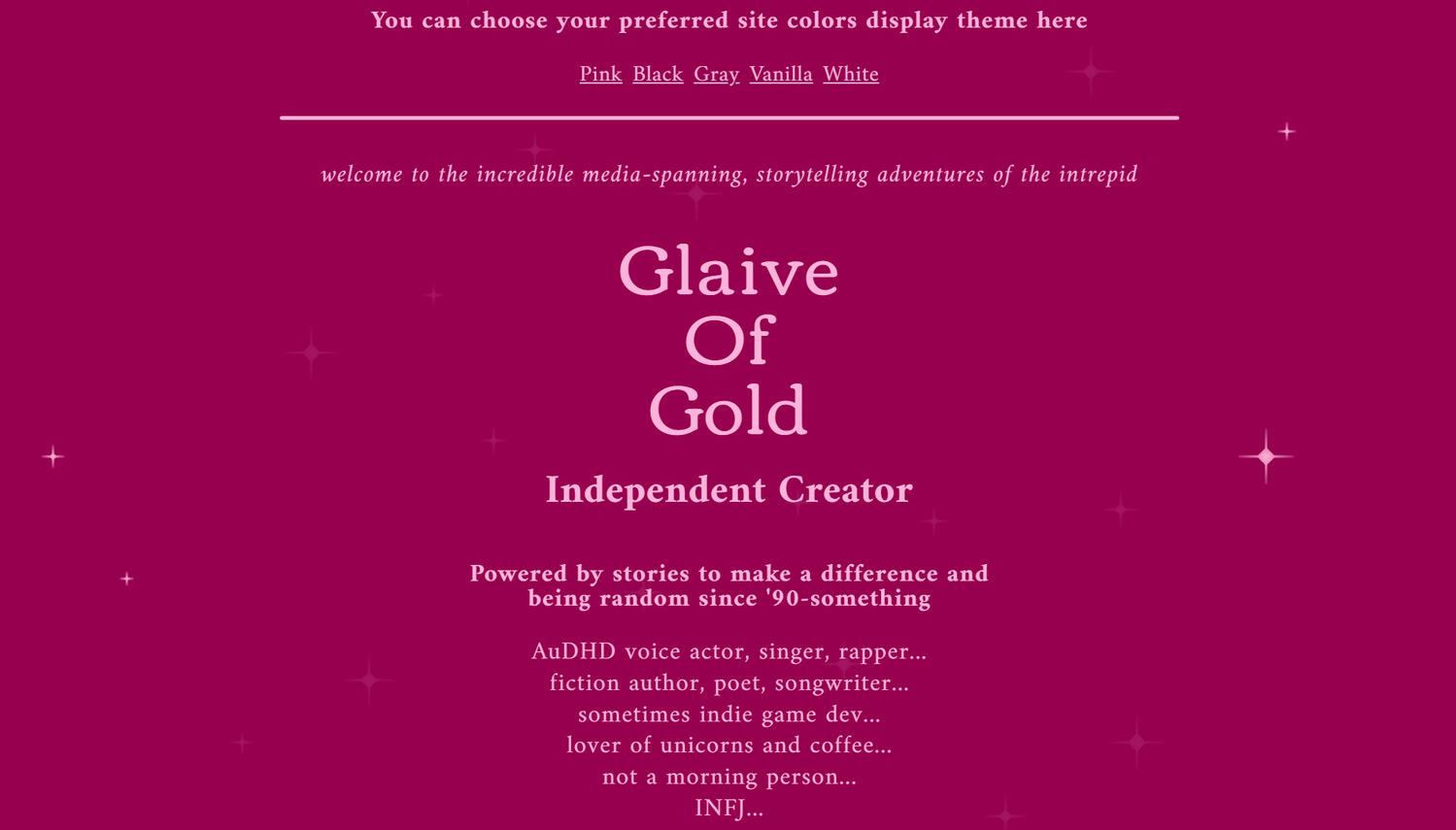 A screenshot of GlaiveOfGold's Carrd site with a pink display theme.
