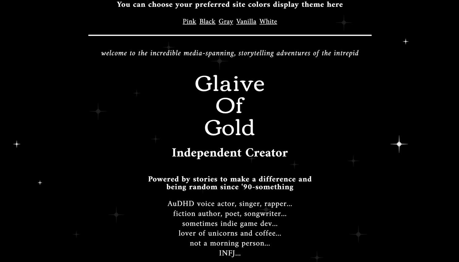 A screenshot of GlaiveOfGold's Carrd site with a black display theme.
