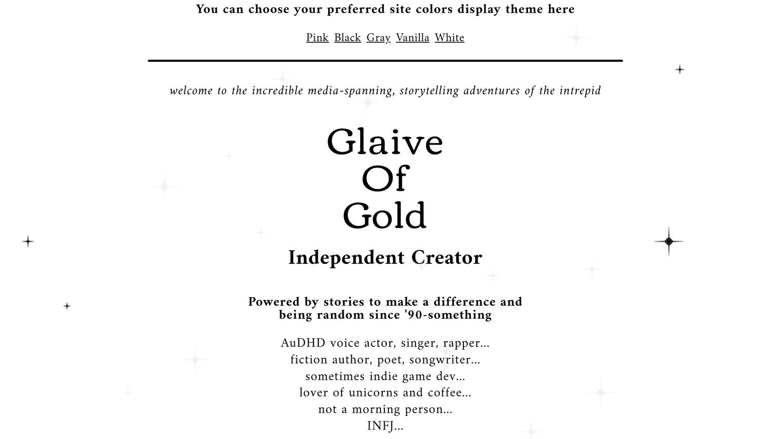 A screenshot of GlaiveOfGold's Carrd site with a white display theme.