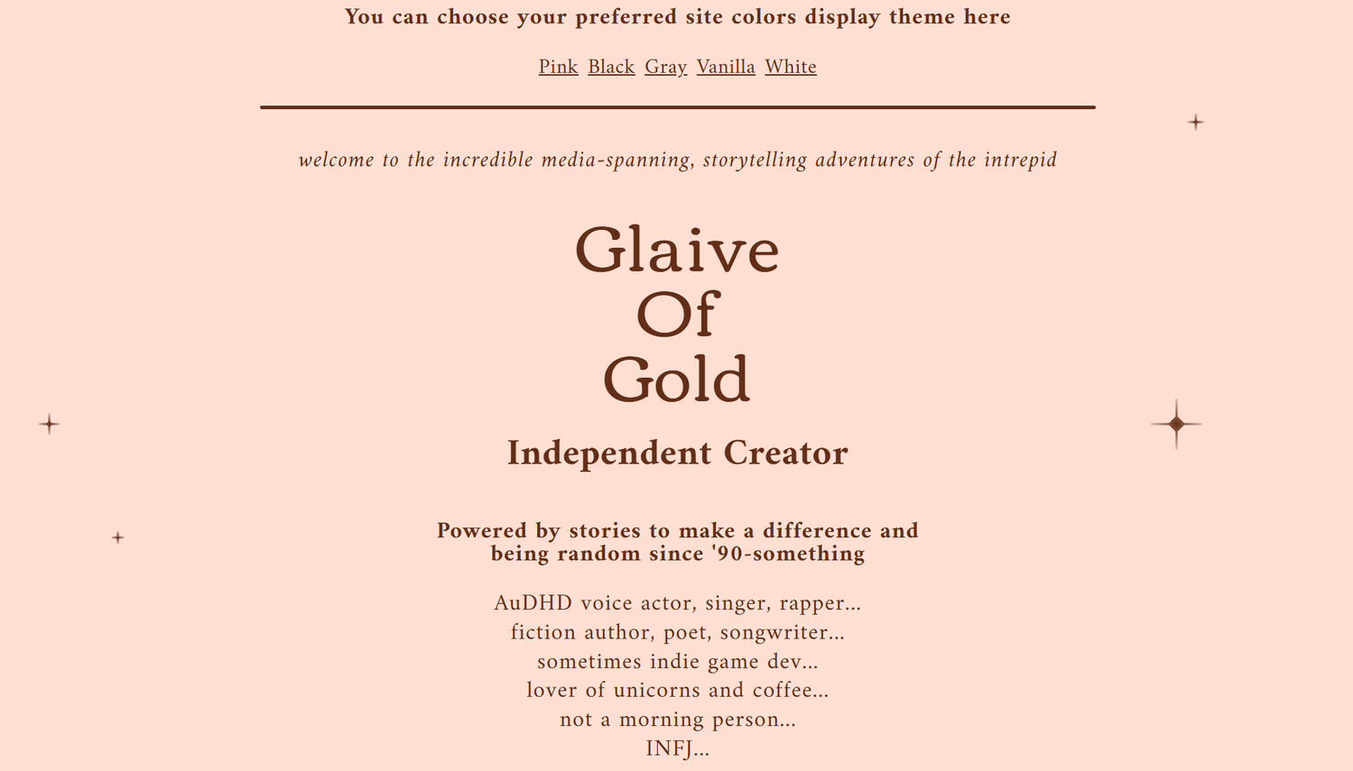 A screenshot of GlaiveOfGold's Carrd site with a vanilla-colored display theme.